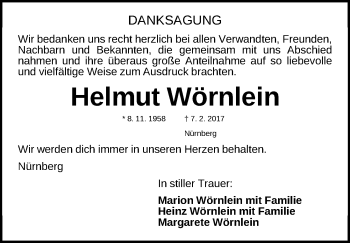 Traueranzeige von Helmut Wörnlein von Gesamtausgabe Nürnberger Nachrichten/ Nürnberger Ztg.