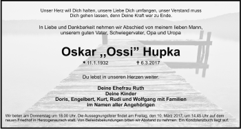 Traueranzeige von Oskar Hupka von Nordbayerische Nachrichten Herzogenaurach Lokal