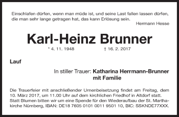 Traueranzeige von Karl-Heinz Brunner von Gesamtausgabe Nürnberger Nachrichten/ Nürnberger Ztg.