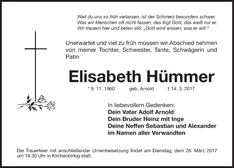  Traueranzeige für Elisabeth Hümmer vom 25.03.2017 aus Nordbayerische Nachrichten Pegnitz Lokal