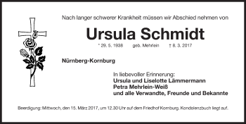 Traueranzeige von Ursula Schmidt von Gesamtausgabe Nürnberger Nachrichten/ Nürnberger Ztg.