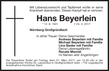 Traueranzeige von Hans Beyerlein von Gesamtausgabe Nürnberger Nachrichten/ Nürnberger Ztg.