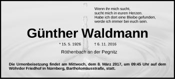 Traueranzeige von Günther Waldmann von Gesamtausgabe Nürnberger Nachrichten/ Nürnberger Ztg.