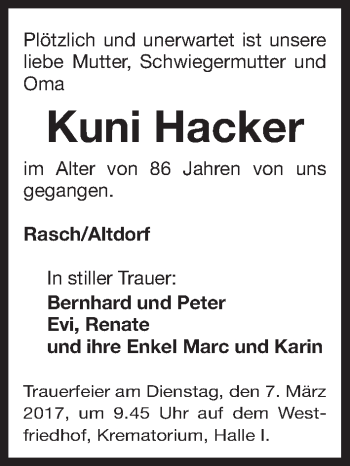 Traueranzeige von Kuni Hacker von Gesamtausgabe Nürnberger Nachrichten/ Nürnberger Ztg.