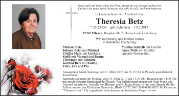 Traueranzeige von Theresia Betz von Neumarkter Nachrichten Lokal