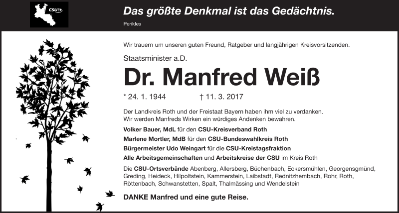  Traueranzeige für Manfred Weiß vom 15.03.2017 aus Roth-Hilpoltsteiner Volkszeitung Lokal