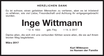 Traueranzeige von Inge Wittmann von Gesamtausgabe Nürnberger Nachrichten/ Nürnberger Ztg./ Fürther Nachrichten