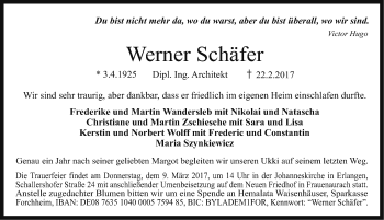 Traueranzeige von Werner Schäfer von Erlanger Nachrichten Lokal
