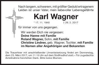 Traueranzeige von Karl Wagner von Gesamtausgabe Nürnberger Nachrichten/ Nürnberger Ztg.