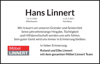Traueranzeige von Hans Linnert von Gesamtausgabe Nürnberger Nachrichten/ Nürnberger Ztg.