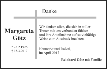 Traueranzeige von Margareta Götz von Neumarkter Nachrichten Lokal
