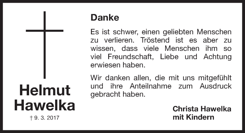 Traueranzeige für Helmut Hawelka vom 25.03.2017 aus Fürther Nachrichten Lokal