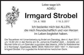 Traueranzeige von Irmgard Strobel von Gesamtausgabe Nürnberger Nachrichten/ Nürnberger Ztg.