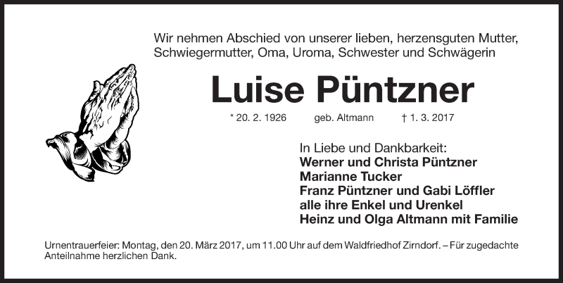  Traueranzeige für Luise Püntzner vom 15.03.2017 aus Fürther Nachrichten Lokal