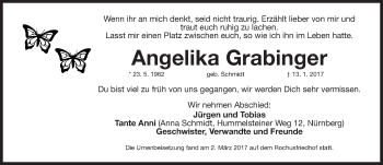 Traueranzeige von Angelika Grabinger von Gesamtausgabe Nürnberger Nachrichten/ Nürnberger Ztg.