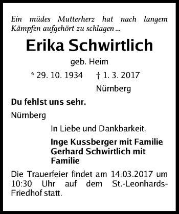 Traueranzeige von Erika Schwirtlich von Gesamtausgabe Nürnberger Nachrichten/ Nürnberger Ztg.