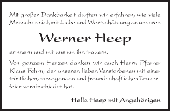 Traueranzeige von Werner Heep von Gesamtausgabe Nürnberger Nachrichten/ Nürnberger Ztg.