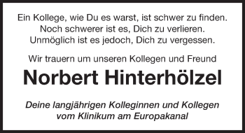 Traueranzeige von Norbert Hinterhölzel von Erlanger Nachrichten Lokal