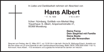 Traueranzeige von Hans Albert von Gesamtausgabe Nürnberger Nachrichten/ Nürnberger Ztg.