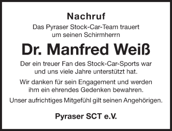 Traueranzeige von Manfred Weiß von Roth-Hilpoltsteiner Volkszeitung Lokal