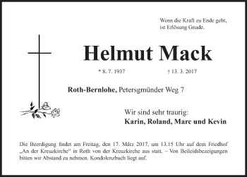 Traueranzeige von Helmut Mack von Roth-Hilpoltsteiner Volkszeitung Lokal