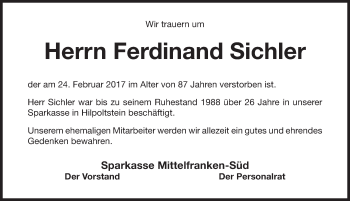 Traueranzeige von Ferdinand Sichler von Roth-Hilpoltsteiner Volkszeitung Lokal