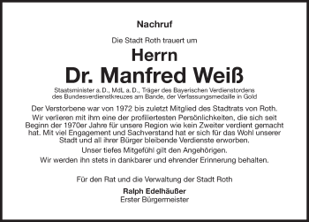 Traueranzeige von Manfred Weiß von Roth-Hilpoltsteiner Volkszeitung Lokal