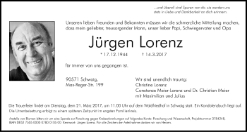 Traueranzeige von Jürgen Lorenz von Gesamtausgabe Nürnberger Nachrichten/ Nürnberger Ztg.