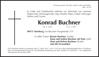 Traueranzeige von Konrad Buchner von Gesamtausgabe Nürnberger Nachrichten/ Nürnberger Ztg.