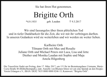 Traueranzeige von Brigitte Orth von Erlanger Nachrichten Lokal