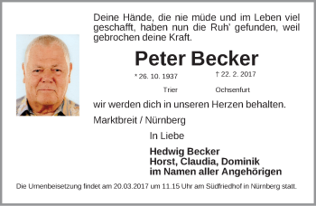Traueranzeige von Peter Becker von Gesamtausgabe Nürnberger Nachrichten/ Nürnberger Ztg.