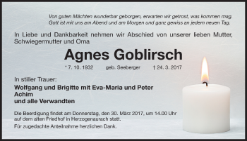 Traueranzeige von Agnes Goblirsch von Nordbayerische Nachrichten Herzogenaurach Lokal