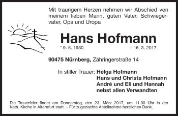 Traueranzeige von Hans Hofmann von Gesamtausgabe Nürnberger Nachrichten/ Nürnberger Ztg.