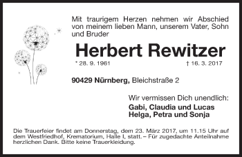 Traueranzeige von Herbert Rewitzer von Gesamtausgabe Nürnberger Nachrichten/ Nürnberger Ztg.