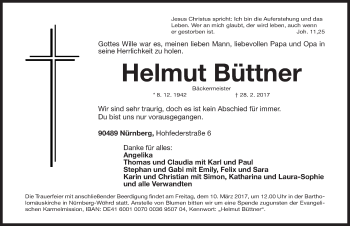 Traueranzeige von Helmut Büttner von Gesamtausgabe Nürnberger Nachrichten/ Nürnberger Ztg.