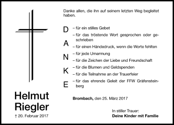 Traueranzeige von Helmut Riegler von Altmühl-Bote Lokal