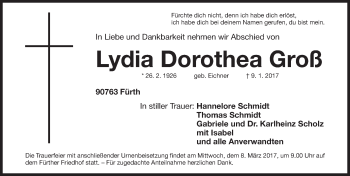 Traueranzeige von Lydia Dorothea Groß von Fürther Nachrichten Lokal