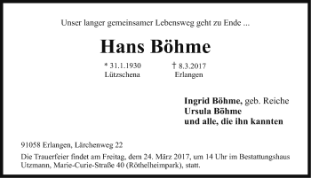 Traueranzeige von Hans Böhme von Erlanger Nachrichten Lokal