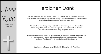 Traueranzeige von Anna Rühl von Schwabach