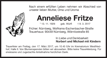 Traueranzeige von Anneliese Fritze von Gesamtausgabe Nürnberger Nachrichten/ Nürnberger Ztg.