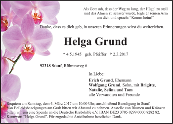 Traueranzeige von Helga Grund von Neumarkter Nachrichten Lokal