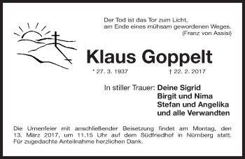 Traueranzeige von Klaus Goppelt von Gesamtausgabe Nürnberger Nachrichten/ Nürnberger Ztg.