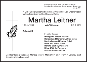 Traueranzeige von Martha Leitner von Altmühl-Bote Lokal