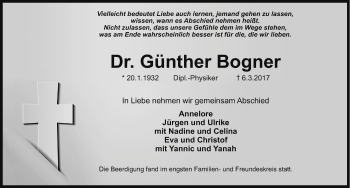 Traueranzeige von Günther Bogner von Gesamtausgabe Nürnberger Nachrichten/ Nürnberger Ztg./ Erlanger Nachrichten
