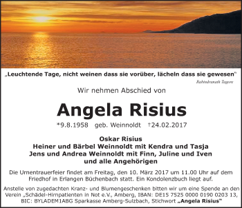 Traueranzeige von Angela Risius von Erlanger Nachrichten Lokal