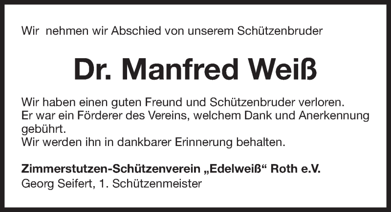  Traueranzeige für Manfred Weiß vom 18.03.2017 aus Roth-Hilpoltsteiner Volkszeitung Lokal