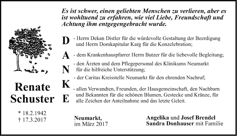  Traueranzeige für Renate Schuster vom 29.03.2017 aus Neumarkter Nachrichten Lokal