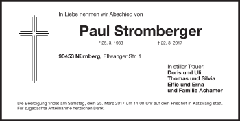 Traueranzeige von Paul Stromberger von Gesamtausgabe Nürnberger Nachrichten/ Nürnberger Ztg.