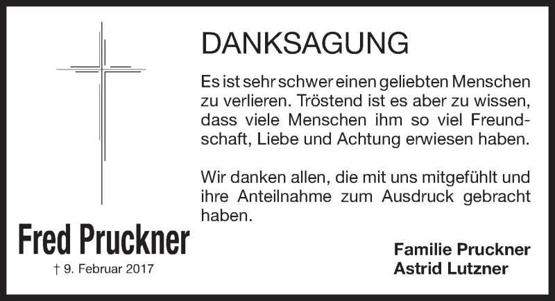  Traueranzeige für Fred Pruckner vom 11.03.2017 aus Gesamtausgabe Nürnberger Nachrichten/ Nürnberger Ztg.