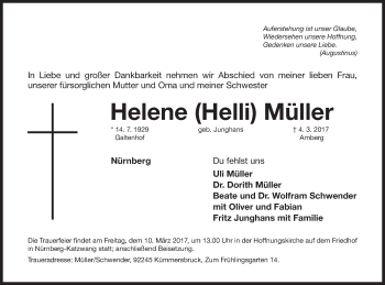 Traueranzeige von Helene Müller von Gesamtausgabe Nürnberger Nachrichten/ Nürnberger Ztg.